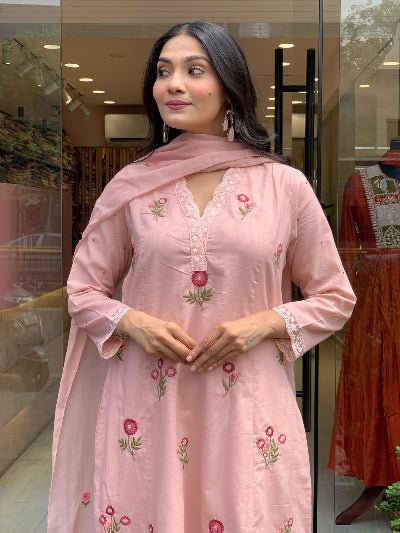 Baby Pink Cotton Embroidery Anarkali Suit - BONYHUBSALWAR KAMEEZ