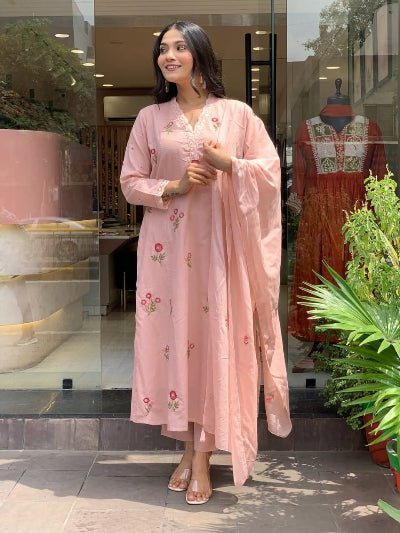 Baby Pink Cotton Embroidery Anarkali Suit - BONYHUBSALWAR KAMEEZ