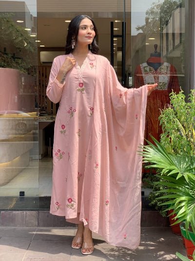 Baby Pink Cotton Embroidery Anarkali Suit - BONYHUBSALWAR KAMEEZ