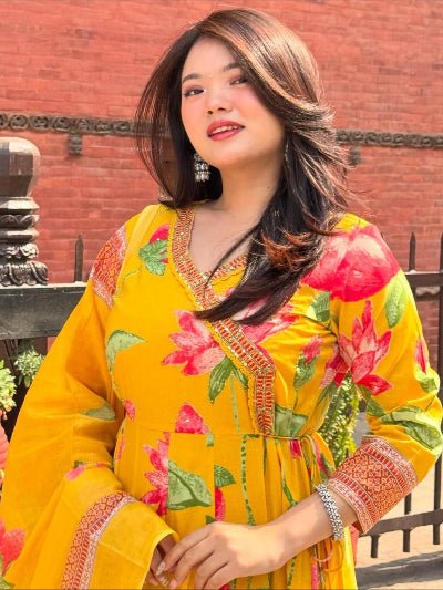 Yellow Cotton Angrakha anarkali Set - BONYHUBSALWAR KAMEEZ