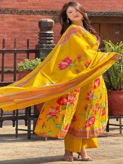 Yellow Cotton Angrakha anarkali Set - BONYHUBSALWAR KAMEEZ