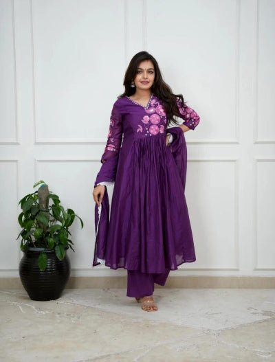 Purple Cotton Embroidery Work Anarkali Suit - BONYHUBSALWAR KAMEEZ