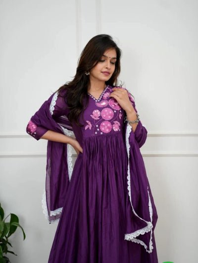 Purple Cotton Embroidery Work Anarkali Suit - BONYHUBSALWAR KAMEEZ