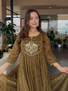 Olive Green Cotton Embroidery Anarkali Suit - BONYHUBSALWAR KAMEEZ