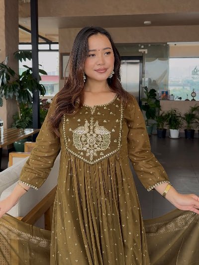 Olive Green Cotton Embroidery Anarkali Suit - BONYHUBSALWAR KAMEEZ