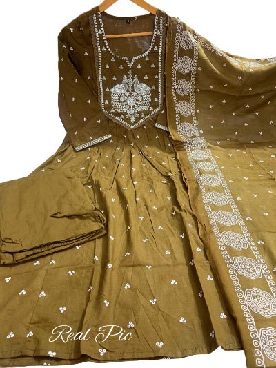 Olive Green Cotton Embroidery Anarkali Suit - BONYHUBSALWAR KAMEEZ