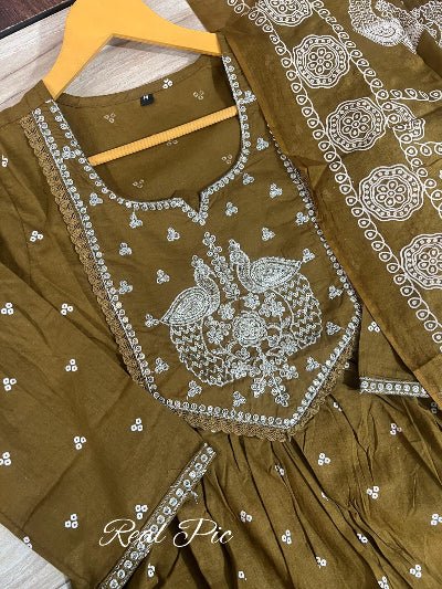 Olive Green Cotton Embroidery Anarkali Suit - BONYHUBSALWAR KAMEEZ