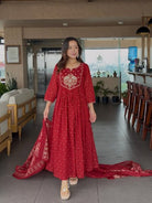 Red Cotton Embroidery Long Anarkali Suit - BONYHUBSALWAR KAMEEZ