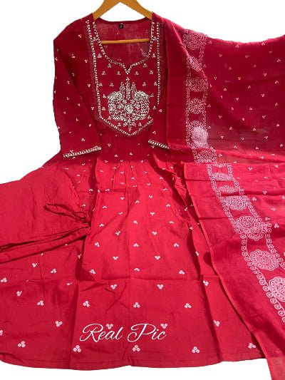Red Cotton Embroidery Long Anarkali Suit - BONYHUBSALWAR KAMEEZ