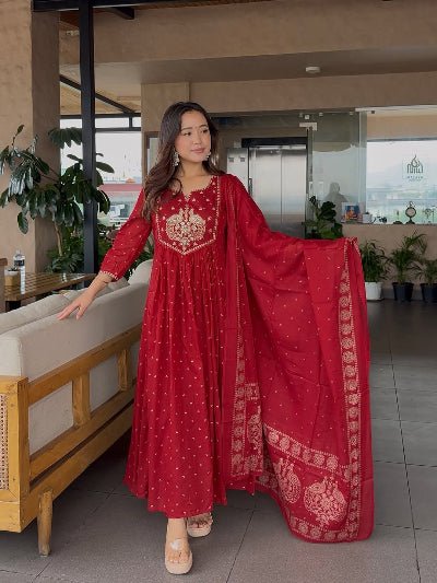 Red Cotton Embroidery Long Anarkali Suit - BONYHUBSALWAR KAMEEZ