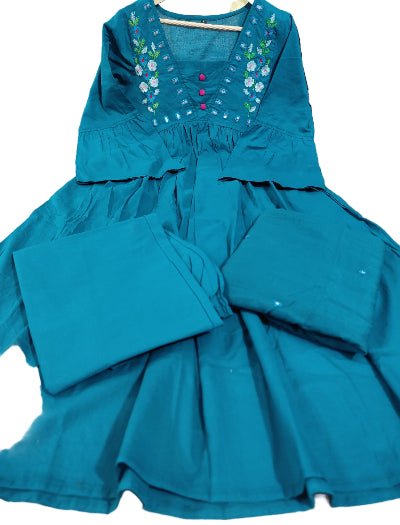 Aqua Blue Cotton Embroidery Anarkali Suit - BONYHUBSALWAR KAMEEZ