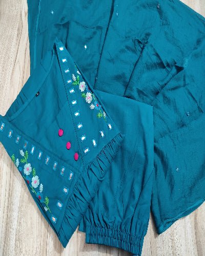 Aqua Blue Cotton Embroidery Anarkali Suit - BONYHUBSALWAR KAMEEZ