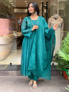 Aqua Blue Cotton Embroidery Anarkali Suit - BONYHUBSALWAR KAMEEZ