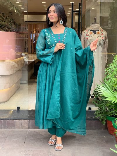 Aqua Blue Cotton Embroidery Anarkali Suit - BONYHUBSALWAR KAMEEZ