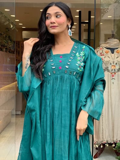 Aqua Blue Cotton Embroidery Anarkali Suit - BONYHUBSALWAR KAMEEZ