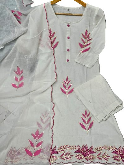 Beautiful White Cotton Embroidery Anarkali Suit - BONYHUBSALWAR KAMEEZ