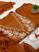 Rust Orange Cotton Heavy Embroidery Anarkali Suit - BONYHUBSALWAR KAMEEZ
