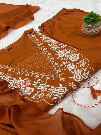 Rust Orange Cotton Heavy Embroidery Anarkali Suit - BONYHUBSALWAR KAMEEZ