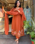 Rusty Orange Cotton Embroidery Pitten Work Anarkali Suit - BONYHUBSALWAR KAMEEZ