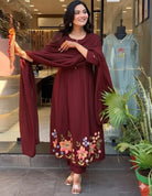 Elegant Maroon Cotton Embroidery Anarkali Suit - BONYHUBSALWAR KAMEEZ