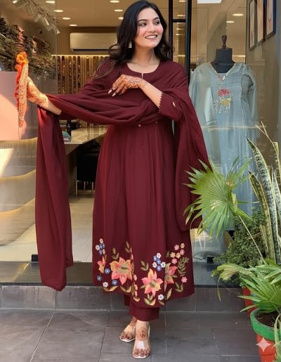Elegant Maroon Cotton Embroidery Anarkali Suit - BONYHUBSALWAR KAMEEZ