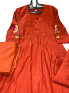 Rusty Orange Cotton Embroidery Pitten Work Anarkali Suit - BONYHUBSALWAR KAMEEZ