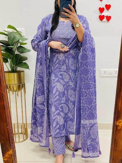 Lavender Cotton Hand Work Detailing Kurti Suit Set - BONYHUBSALWAR KAMEEZ