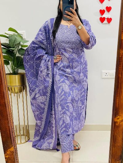 Lavender Cotton Hand Work Detailing Kurti Suit Set - BONYHUBSALWAR KAMEEZ