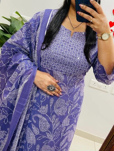 Lavender Cotton Hand Work Detailing Kurti Suit Set - BONYHUBSALWAR KAMEEZ