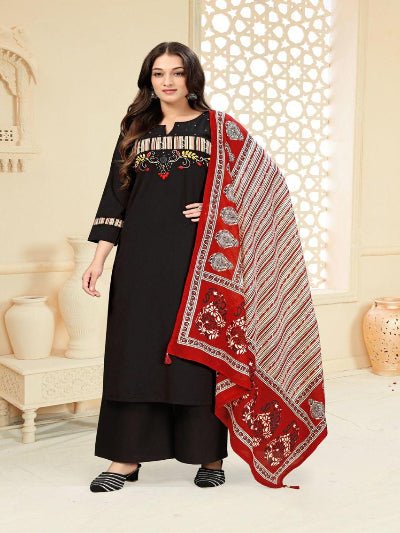 Black Pure Cotton Neck Embroidery Kurti Suit Set - BONYHUBSALWAR KAMEEZ