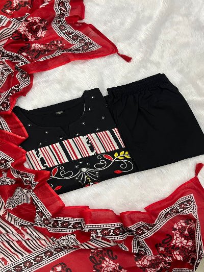 Black Pure Cotton Neck Embroidery Kurti Suit Set - BONYHUBSALWAR KAMEEZ