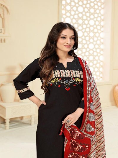 Black Pure Cotton Neck Embroidery Kurti Suit Set - BONYHUBSALWAR KAMEEZ