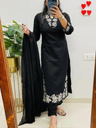 Elegant Black Pure Malmal Embroidery Straight Suit Set - BONYHUBSALWAR KAMEEZ