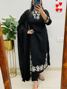 Elegant Black Pure Malmal Embroidery Straight Suit Set - BONYHUBSALWAR KAMEEZ