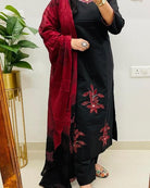 Beautiful Floral Motifs Black Cotton Straight Suit Set - BONYHUBSALWAR KAMEEZ
