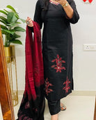 Beautiful Floral Motifs Black Cotton Straight Suit Set - BONYHUBSALWAR KAMEEZ
