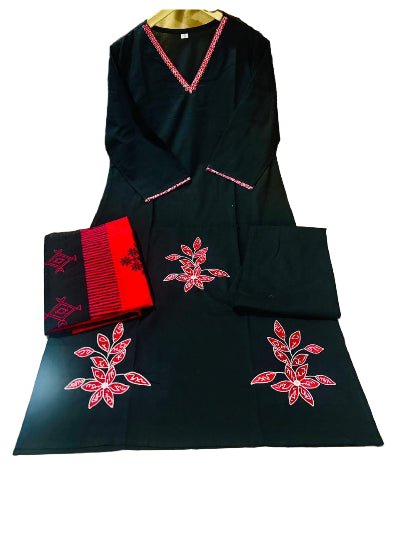 Beautiful Floral Motifs Black Cotton Straight Suit Set - BONYHUBSALWAR KAMEEZ