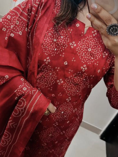 Elegant Red Cotton Mirror Handwork Printed Straight Suit Set - BONYHUBSALWAR KAMEEZ
