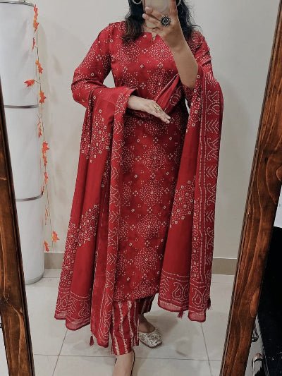 Elegant Red Cotton Mirror Handwork Printed Straight Suit Set - BONYHUBSALWAR KAMEEZ