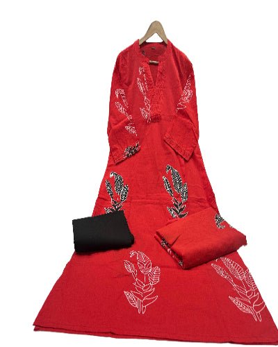 Beautiful Red Cotton Printed Straight Suit Set - BONYHUBSALWAR KAMEEZ