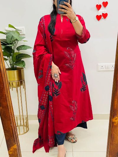 Beautiful Red Cotton Printed Straight Suit Set - BONYHUBSALWAR KAMEEZ