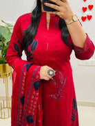 Beautiful Red Cotton Printed Straight Suit Set - BONYHUBSALWAR KAMEEZ