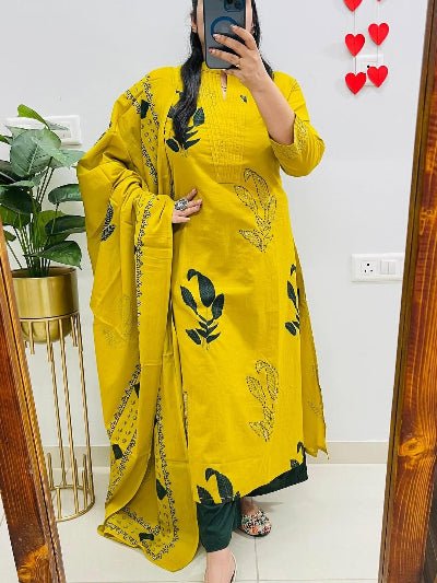 Beautiful Yellow Cotton Printed Kurti Suit Set - BONYHUBSALWAR KAMEEZ