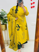 Beautiful Yellow Cotton Printed Kurti Suit Set - BONYHUBSALWAR KAMEEZ