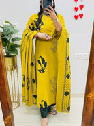 Beautiful Yellow Cotton Printed Kurti Suit Set - BONYHUBSALWAR KAMEEZ