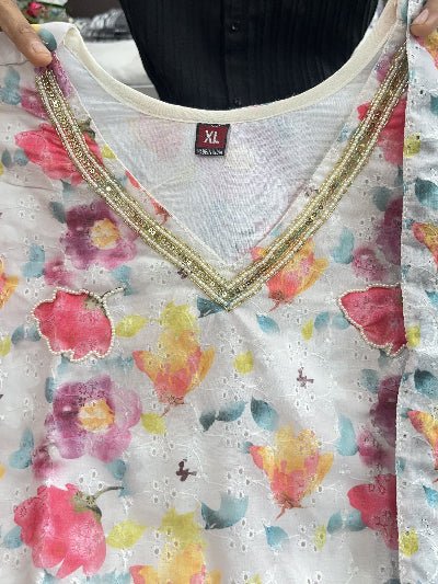 Beautiful White Printed pure Shifli linen Straight Suit Set - BONYHUBSALWAR KAMEEZ