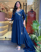 Royal Blue Cotton Embroidery Straight Suit Set - BONYHUBSALWAR KAMEEZ