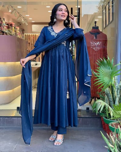 Royal Blue Cotton Embroidery Straight Suit Set - BONYHUBSALWAR KAMEEZ