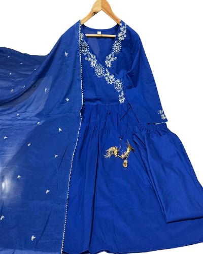 Royal Blue Cotton Embroidery Straight Suit Set - BONYHUBSALWAR KAMEEZ