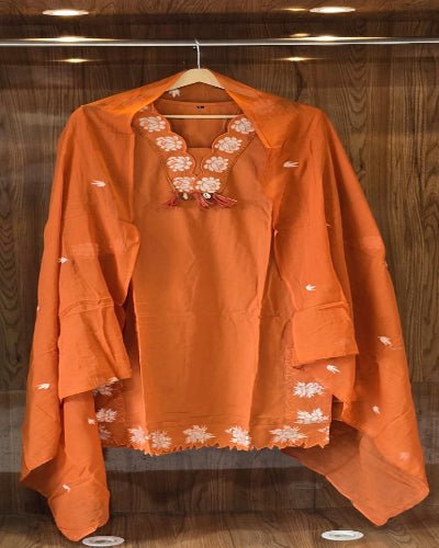 Warm Orange Cotton Embroidery Straight Suit Set - BONYHUBSALWAR KAMEEZ